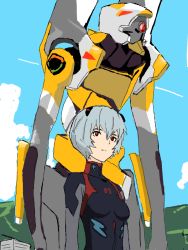 Rule 34 | 10s, 1girl, ayanami rei, black bodysuit, blue hair, blue sky, bodysuit, contrail, day, eva 09, evangelion: 3.0 you can (not) redo, humanoid robot, looking at viewer, machinery, mensoubou, neon genesis evangelion, outdoors, plugsuit, rebuild of evangelion, red eyes, robot, sky, upper body