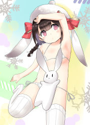 Rule 34 | 1girl, absurdres, animal, animal ears, animal hat, arm up, armpits, bad id, bad pixiv id, bare arms, bare shoulders, bikini, blush, bow, braid, breasts, brown hair, ears down, girls&#039; frontline, hair ribbon, hat, hat bow, head tilt, highres, long hair, looking at viewer, m99 (girls&#039; frontline), no shoes, note2000, parted lips, purple eyes, rabbit, rabbit ears, rabbit hat, red bow, ribbed legwear, ribbon, side-tie bikini bottom, single braid, small breasts, snowflakes, solo, striped, striped bow, swimsuit, thighhighs, white bikini, white hat, white ribbon, white thighhighs
