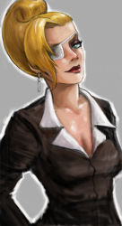 Rule 34 | 1girl, blonde hair, breasts, cleavage, earrings, eyepatch, formal, green eyes, jewelry, large breasts, lipstick, makeup, mature (kof), snk, solo, suit, the king of fighters, the king of fighters xii