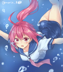 Rule 34 | 10s, 1girl, :o, ahoge, bubble, gradient background, hair ribbon, i-168 (kancolle), kantai collection, maruki (punchiki), one-piece swimsuit, ponytail, red eyes, red hair, ribbon, sailor collar, school swimsuit, solo, swimsuit, swimsuit under clothes, twitter username, underwater