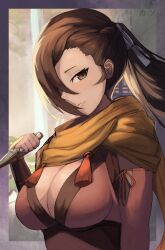 Rule 34 | 1girl, breasts, brown eyes, brown hair, cleavage, fire emblem, hair over one eye, highres, kagero (fire emblem), large breasts, long hair, nintendo, ponytail, solo