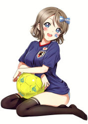 Rule 34 | 1girl, 2018 fifa world cup, absurdres, ball, black thighhighs, blue eyes, blue panties, blue shirt, blush, bow, breasts, crossed arms, facepaint, full body, grey hair, hair between eyes, hair bow, highres, japan, japanese flag, looking at viewer, love live!, love live! sunshine!!, medium breasts, no pants, open mouth, panties, sankuro (agoitei), scan, shirt, short hair, simple background, sitting, smile, soccer, soccer ball, soccer uniform, solo, sportswear, sweatband, tattoo, thighhighs, thighs, underwear, watanabe you, white background, white panties, world cup, yokozuwari