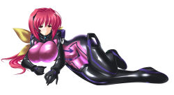 Rule 34 | 1girl, absurdres, ahoge, blush, bodysuit, breasts, covered navel, covered erect nipples, gloves, hair intakes, highres, kagami sumika, large breasts, long hair, looking at viewer, lying, muv-luv, open mouth, pilot suit, red hair, skin tight, solo, very long hair, yakkey
