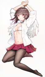 Rule 34 | 1girl, arms up, blush, bound, bound wrists, bra, breasts, brown hair, brown pantyhose, cleavage, collared shirt, commentary request, dress shirt, feathered wings, full body, grey background, highres, kurata rine, long sleeves, looking at viewer, medium breasts, navel, no shoes, open clothes, open shirt, original, pantyhose, parted lips, pleated skirt, red eyes, red skirt, restrained, shirt, simple background, skirt, solo, underwear, white bra, white shirt, white wings, wings