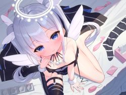 Rule 34 | 1girl, ahoge, angel wings, arm support, bare shoulders, barefoot, bed, between legs, black dress, black footwear, black thighhighs, blue eyes, boots, breasts, closed mouth, collarbone, condom, condom packet strip, condom wrapper, dress, egg vibrator, from above, hair between eyes, halo, hand between legs, head wings, highres, looking at viewer, looking up, on bed, original, sex toy, silver hair, single thigh boot, single thighhigh, sitting, small breasts, smile, solo, striped clothes, striped thighhighs, thigh boots, thighhighs, tsukiman, twintails, unworn thighhighs, used condom, vibrator, wariza, white wings, wings