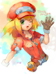 Rule 34 | 1girl, blonde hair, breasts, cabbie hat, commentary request, dinef, green eyes, hat, jacket, jumpsuit, long hair, looking at viewer, mega man (series), mega man legends (series), mega man legends 3, red jacket, roll caskett (mega man), smile, solo