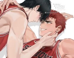 Rule 34 | 2boys, basketball jersey, basketball uniform, birthday, black eyes, black hair, blush, boy on top, couple, english text, eye contact, hand on another&#039;s face, happy birthday, highres, looking at another, male focus, multiple boys, nomimono rh, parted lips, red hair, red tank top, rukawa kaede, sakuragi hanamichi, shadow, short hair, simple background, slam dunk (series), smile, sportswear, tank top, upper body, white background, yaoi