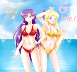 Rule 34 | 2girls, absurdres, aino minako, arm over head, armpits, beach, bikini, bishoujo senshi sailor moon, blonde hair, blue eyes, blue sky, blush, bow, breasts, cleavage, cloud, collarbone, english text, female focus, hair bow, hair ornament, hand on own hip, heart, highres, hino rei, light rays, long hair, looking at viewer, matching hair/eyes, medium breasts, multiple girls, navel, o-ring, o-ring bottom, ocean, one eye closed, orange bikini, purple eyes, purple hair, red bikini, red bow, sefilom, sky, smile, sparkle, standing, swimsuit, text focus, very long hair, water, wink