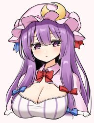Rule 34 | 1girl, blue bow, blunt bangs, bow, bowtie, breasts, bun cover, cleavage, double bun, dress, hair bow, hair bun, hat, hat bow, highres, large breasts, long hair, mob cap, neck ribbon, patchouli knowledge, purple dress, purple eyes, purple hair, purple hat, red bow, red bowtie, red ribbon, ribbon, solo, striped clothes, striped dress, suwa yasai, touhou, vertical-striped clothes, vertical-striped dress, very long hair