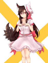 Rule 34 | 1girl, animal ear fluff, animal ears, breasts, brown hair, cleavage, collarbone, commentary request, cosplay, dress, fang, fang out, feet out of frame, frilled shirt collar, frills, hair between eyes, hat, hat ribbon, highres, imaizumi kagerou, long hair, looking at viewer, medium breasts, mob cap, own hands together, pink dress, pink hat, puffy short sleeves, puffy sleeves, red eyes, red ribbon, red sash, remilia scarlet, remilia scarlet (cosplay), ribbon, sash, short sleeves, smile, solo, standing, thighs, touhou, two-tone background, very long hair, white background, wolf ears, yellow background, yuuyake