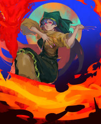 Rule 34 | 1girl, between fingers, blouse, blue background, blue hair, breasts, chisel, commentary request, dress, eyebrows hidden by hair, fire, floating, glowing, glowing eyes, gradient background, green dress, green headwear, hair between eyes, hair scarf, haniyasushin keiki, holding, inishie kumo, knees up, long hair, looking at viewer, medium breasts, one-hour drawing challenge, parted lips, pink eyes, shirt, sleeves past elbows, solo, touhou, very long hair, wide sleeves, yellow shirt