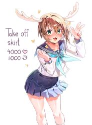 1girl :3 absurdres antlers aqua_neckerchief blue_sailor_collar blue_skirt blush breasts brown_hair collarbone cowboy_shot deer deer_antlers deer_girl english_text green_eyes hair_between_eyes highres horns long_sleeves looking_at_viewer machulanko meme neckerchief open_mouth sailor_collar school_uniform serafuku shikanoko_noko shikanoko_nokonoko_koshitantan shirt short_hair simple_background skirt smile solo standing thighs twitter_strip_game_(meme) white_background white_shirt