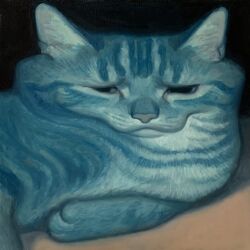 Rule 34 | animal, animal focus, cat, closed mouth, commentary request, grey cat, highres, karin hosono, looking at viewer, lying, no humans, original, painting (medium), realistic, solo, traditional media, upper body