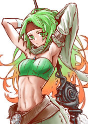 Rule 34 | + +, 1girl, abs, absurdres, armlet, armpits, arms up, bare shoulders, belt, belt pouch, breasts, brown belt, cleavage, commentary request, cowboy shot, detached sleeves, duel monster, fur, gradient hair, green eyes, green hair, green skirt, green sleeves, green tube top, groin, headband, highres, holding, holding staff, inoue kyouhei, long hair, looking at viewer, medallion, midriff, multicolored hair, navel, orange hair, parted hair, parted lips, partial commentary, pouch, red headband, reeze whirlwind of gusto, scarf, sidelocks, simple background, single detached sleeve, skirt, small breasts, solo, staff, standing, strapless, tube top, two-tone hair, white background, wide sleeves, yu-gi-oh!