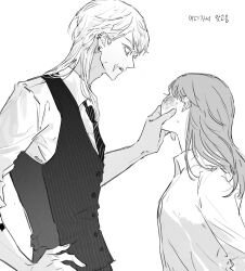 Rule 34 | 1boy, 1girl, ear piercing, face grab, formal, greyscale, hand on own hip, highres, light frown, looking down, looking to the side, male focus, monochrome, necktie, nyub, piercing, sanzu haruchiyo, sleeves rolled up, striped clothes, suit, tokyo revengers, upper body, vest, wolf cut