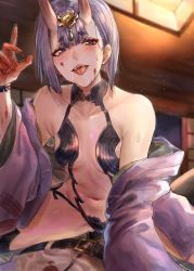 Rule 34 | 1girl, belt, blood, breasts, cleavage, fate/grand order, fate (series), food, fujimaru ritsuka (male), hair between eyes, highres, horns, inusaka, japanese clothes, kimono, lamp, looking at viewer, oni, onigiri, open mouth, room, shuten douji (fate), skin-covered horns, teeth, tongue, tongue out
