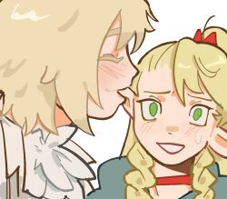 Rule 34 | biting, blonde hair, blush, braid, choker, closed eyes, commentary, dungeon meshi, ear biting, elf, english commentary, falin touden, falin touden (tallman), flapjastic, green eyes, hair ribbon, highres, long hair, marcille donato, parted lips, pointy ears, red choker, red ribbon, ribbon, short hair, simple background, size difference, smile, sweatdrop, twin braids, upper body, white background