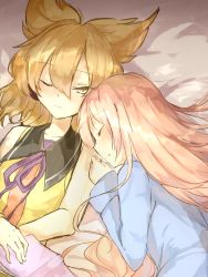 Rule 34 | 2girls, blonde hair, blouse, blue shirt, book, gradient background, hata no kokoro, heads together, highres, huang li ling, light smile, long hair, long sleeves, looking at another, lying on person, multiple girls, one eye closed, open book, pink background, pink hair, purple ribbon, ribbon, shirt, short hair, sketch, sleeping, sleeveless, sleeveless shirt, touhou, toyosatomimi no miko, yellow eyes