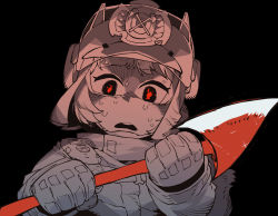 Rule 34 | 1girl, arknights, axe, black background, d:, fire axe, fire helmet, firefighter jacket, gloves, head tilt, highres, holding, holding axe, jacket, long sleeves, monochrome, open mouth, red eyes, red theme, round teeth, shaw (arknights), short hair, simple background, solo, ssambatea, sweat, nervous sweating, teeth, upper body, upper teeth only