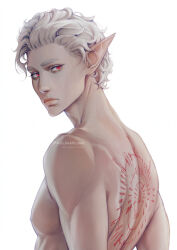 Rule 34 | 1boy, artist name, astarion, back tattoo, baldur&#039;s gate, baldur&#039;s gate 3, closed mouth, dungeons &amp; dragons, frown, grey hair, highres, male focus, nude, paulina klime, pointy ears, red eyes, short hair, simple background, solo, tattoo, watermark, white background