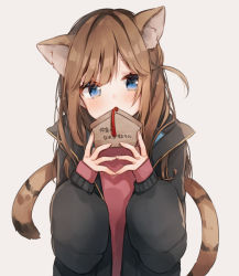 Rule 34 | 1girl, absurdres, animal ear fluff, animal ears, black jacket, blue eyes, blush, brown hair, commentary request, covering own mouth, eyes visible through hair, hands up, heripiro, highres, holding, jacket, long hair, long sleeves, looking at viewer, one side up, open clothes, open jacket, original, puffy long sleeves, puffy sleeves, red shirt, shirt, simple background, solo, tail, tiger ears, tiger tail, translation request, upper body