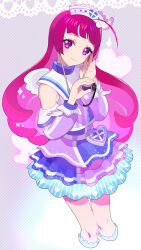 Rule 34 | 1girl, blue dress, blunt bangs, blush, closed mouth, cropped legs, detached sleeves, dress, fake wings, hands up, hat, heart, heart print, high collar, highres, hojo sophy, holding, holding stethoscope, idol clothes, layered skirt, long hair, looking at viewer, moudoku (decopon3rd), nurse cap, pouch, pretty series, pripara, purple eyes, purple sleeves, red hair, skirt, smile, solo, sparkle, standing, stethoscope, very long hair, wing hair ornament, wings