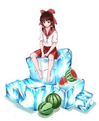 Rule 34 | 1girl, :&lt;, absurdres, alternate costume, barefoot, bow, brown eyes, closed mouth, collarbone, food, fruit, hair bow, hair tubes, hakurei reimu, highres, ice, ice cube, long hair, looking at viewer, mie pu, red bow, red skirt, school uniform, serafuku, short sleeves, simple background, sitting, skirt, solo, touhou, watermelon, white background