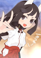Rule 34 | 1girl, :d, anabuki tomoko, black hair, blunt bangs, floating hair, fox shadow puppet, hakama, hakama short skirt, hakama skirt, hand gesture, japanese clothes, kimono, looking back, miko, open mouth, red skirt, skirt, smile, solo, strike witches, strike witches: suomus misfits squadron, upper body, wind, world witches series