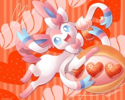 Rule 34 | :d, blue eyes, commentary request, creatures (company), fang, food, fruit, game freak, gen 6 pokemon, happy, heart, highres, looking at viewer, nintendo, no humans, open mouth, pokemon, pokemon (creature), sasabunecafe, smile, solo, strawberry, sylveon, toes, tongue