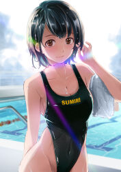 Rule 34 | 1girl, absurdres, black hair, black one-piece swimsuit, breasts, brown eyes, cleavage, closed mouth, collarbone, competition swimsuit, day, hand in own hair, highleg, highleg swimsuit, highres, l.f., looking at viewer, medium breasts, one-piece swimsuit, original, outdoors, pool, short hair, smile, solo, standing, swimsuit, towel, wet