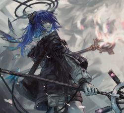 Rule 34 | 1girl, arknights, bag, blue eyes, blue hair, eyebrows hidden by hair, gloves, highres, holding, holding scepter, holding weapon, hood, hooded jacket, horns, jacket, long hair, looking at viewer, looking back, mostima (arknights), scepter, smile, solo, user umrs8555, weapon