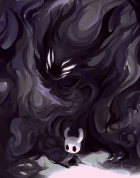 Rule 34 | 2others, black background, darkness, extra eyes, funeralll black, grey cloak, highres, holding, holding weapon, hollow eyes, hollow knight, knight (hollow knight), multiple others, no humans, standing, void entity (hollow knight), weapon