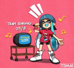 Rule 34 | 1girl, artist name, bad id, bad tumblr id, baseball cap, beamed quavers, bike shorts, blue hair, blush, blush stickers, closed eyes, dated, eyebrows, fangs, hat, inkling, inkling girl, inkling player character, karaoke, long hair, music, musical note, nintendo, open mouth, quaver, sami (artist), sami briggs, shoes, simple background, singing, sneakers, solo, splatoon (series), splatoon 1, television, tentacle hair, thick eyebrows