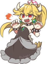 Rule 34 | 1girl, armlet, armpits, artist name, bare shoulders, black dress, blonde hair, blush, bowsette, bracelet, breasts, breath weapon, breathing fire, claw pose, collar, crown, dress, earrings, fire, flat chest, frilled dress, frills, horns, jewelry, mario (series), negi (ulog&#039;be), new super mario bros. u deluxe, nintendo, open mouth, ponytail, red eyes, sharp teeth, solo, spiked bracelet, spiked collar, spiked shell, spiked tail, spikes, strapless, strapless dress, super crown, tail, teeth, thick eyebrows, turtle shell, twitter username, upper body