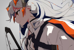 Rule 34 | 1girl, arknights, closed mouth, coat, commentary, dragon horns, ear piercing, from side, grey background, hair between eyes, holding, holding shield, horns, long hair, multicolored hair, orange eyes, orange hair, piercing, profile, saria (arknights), shield, silver hair, simple background, sohin, solo, streaked hair, two-tone hair, upper body, white coat