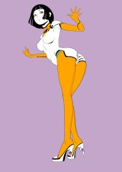 Rule 34 | 1girl, ass, black hair, bob cut, breasts, cavadong, elbow gloves, female focus, flat color, from behind, full body, gloves, high heels, highres, leaning forward, looking at viewer, looking back, nipples, orange gloves, orange legwear, original, partially colored, purple background, pussy, red eyes, revealing clothes, reverse outfit, simple background, solo