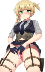Rule 34 | 1girl, black vest, blonde hair, blush, braid, breasts, censored, clothes lift, commission, corset, female ejaculation, french braid, girls&#039; frontline, gloves, green eyes, half gloves, highres, holster, medium breasts, mosaic censoring, ndgd, pinstripe pattern, pinstripe vest, pixiv commission, pussy, pussy juice, short hair, skindentation, skirt, skirt lift, sleeves rolled up, solo, striped clothes, striped vest, thigh holster, thighs, vertical-striped clothes, vertical-striped vest, vest, welrod mkii (girls&#039; frontline)