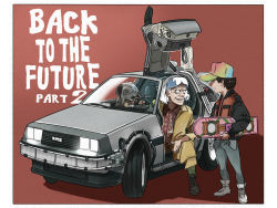 Rule 34 | 2boys, back to the future, bags under eyes, baseball cap, border, brown hair, car, copyright name, delorean, denim, dog, einstein (back to the future), emmett brown, eye contact, full body, goggles, goggles on head, gullwing doors, hamuji, hat, holding, hoverboard, jeans, looking at another, male focus, marty mcfly, motor vehicle, multiple boys, necktie, old, old man, pants, red background, shoes, short hair, sitting, sneakers, standing, time machine, vehicle, vehicle focus, white border, white hair