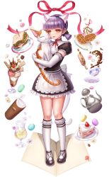 Rule 34 | 1girl, :d, animal, animal ears, animal hug, apron, artist logo, black dress, black footwear, blunt bangs, box (hotpppink), cake, cat, cat ears, cereal, charlotte (cyphers), cheese, chocolate, closed eyes, coffee, coffee beans, commentary, cup, cyphers, daisy, dress, drink, drinking glass, elbow gloves, fake animal ears, flower, food, frilled dress, frilled sleeves, frills, fruit, full body, gloves, ham, holding, holding animal, holding cat, ice, ice cream, ice cube, kettle, kneehighs, lettuce, looking away, macaron, maid, menu, neck ribbon, open mouth, orange eyes, pink flower, plate, pocky, puffy short sleeves, puffy sleeves, purple hair, red ribbon, ribbon, sandwich, shoes, short dress, short hair, short sleeves, short twintails, simple background, smile, socks, standing, strawberry, teacup, tomato, twintails, wafer, wafer stick, waffle, waist apron, white apron, white background, white flower, white gloves, white socks