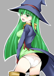 Rule 34 | 1girl, ass, blush, boots, cape, clothes lift, daive, dress, dress lift, fang, from behind, gloves, green dress, green eyes, green hair, hat, highres, long hair, masou shizuka, matching hair/eyes, panties, pantyshot, rance (series), solo, standing, sweatdrop, thigh boots, thighhighs, underwear, white panties, wind, wind lift, witch hat