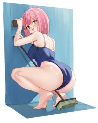 Rule 34 | 1girl, :d, alternate costume, ass, back, bare shoulders, barefoot, between legs, blue one-piece swimsuit, blunt bangs, blunt ends, blush, bob cut, breasts, broom, cleaning brush, commentary, curvy, fang, feet, from behind, full body, green eyes, hands up, happy, highleg, highleg one-piece swimsuit, highres, holding, large breasts, legs, looking at viewer, looking back, medium hair, one-piece swimsuit, open mouth, pink hair, pool, sidelighting, simple background, skin fang, smile, soles, solo, squatting, straight hair, swimsuit, tanikaze amane, tenshi souzou re-boot!, tft (tft7822), thighs, tiptoes, v, white background