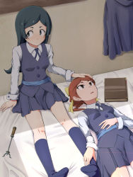Rule 34 | 2girls, against wall, barbara parker, bed, bed sheet, bedroom, black eyes, black hair, blue legwear, book, breasts, brown eyes, feet, hair ribbon, hand on another&#039;s head, hand on another&#039;s leg, hand on own chest, hands on feet, hannah england, headpat, highres, little witch academia, long hair, looking to the side, luna nova school uniform, lying, multiple girls, no shoes, non-web source, ocza, on bed, pleated skirt, ponytail, red hair, ribbon, school uniform, sitting, skirt, small breasts, socks, wand, yellow ribbon, yuri