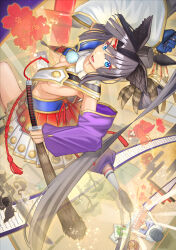 Rule 34 | 1girl, absurdres, armor, asymmetrical clothes, asymmetrical sleeves, black hair, blue eyes, breast curtains, breasts, detached sleeves, fate/grand order, fate (series), feather hair ornament, feathers, hair ornament, hat, highres, japanese armor, kusazuri, long hair, looking at viewer, maousoshi, medium breasts, mismatched sleeves, open mouth, parted bangs, purple sleeves, revealing clothes, shoulder armor, showgirl skirt, sidelocks, single pantsleg, smile, sode, solo, tate eboshi, ushiwakamaru (fate), white sleeves