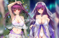 Rule 34 | :d, au11, aurora, bead bracelet, beads, bikini, bracelet, breasts, bridal veil, brooch, cameltoe, cleavage, dakimakura (medium), fate/grand order, fate (series), flower, frilled bikini, frills, heart, heart brooch, jewelry, large breasts, lifting own clothes, looking at viewer, multiple girls, navel, night, night sky, off-shoulder bikini, off shoulder, one-piece swimsuit, open mouth, outdoors, purple bikini, purple hair, red eyes, scathach (fate), scathach skadi (swimsuit ruler) (fate), scathach skadi (swimsuit ruler) (first ascension) (fate), scathach skadi (swimsuit ruler) (third ascension) (fate), sky, smile, star (sky), starry sky, swimsuit, twintails, veil, white one-piece swimsuit