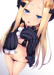 Rule 34 | 1girl, abigail williams (fate), bikini, black bikini, blonde hair, blue eyes, bow, breasts, dutch angle, fate/grand order, fate (series), foreshortening, gradient background, hair bow, hat, highres, legs together, long hair, long sleeves, looking at viewer, lowleg, lowleg bikini, parted bangs, parted lips, satou kuuki, sidelocks, simple background, sleeves past wrists, small breasts, solo, string bikini, swimsuit, very long hair