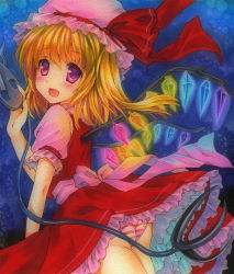 Rule 34 | 1girl, :d, blonde hair, blush, bow, dress, fang, flandre scarlet, hat, hat bow, igone rin, igoneri (mimimimimi3), laevatein, looking at viewer, looking back, mob cap, open mouth, panties, pantyshot, puffy sleeves, red dress, red eyes, sash, shirt, short sleeves, side ponytail, smile, solo, standing, striped clothes, striped panties, touhou, traditional media, underwear, wings