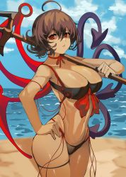 Rule 34 | 1girl, ahoge, alternate breast size, asymmetrical wings, beach, bikini, black bikini, black hair, breasts, dark skin, hand on own hip, highres, houjuu nue, large breasts, looking at viewer, polearm, red eyes, ribbon, short hair, solo, swimsuit, thick thighs, thighs, tomatolover16, touhou, weapon, wings