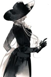 Rule 34 | 1girl, alcina dimitrescu, breasts, carrying, carrying under arm, commentary, covered eyes, cowboy shot, dress, eyelashes, from side, glint, gloves, hat, holding, holding clothes, jacket, kny yy, light particles, lipstick, long hair, long sleeves, makeup, monochrome, neckerchief, resident evil, simple background, smile, solo, sun hat, updo, very long hair