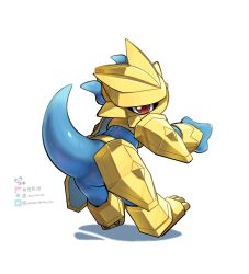 Rule 34 | 1boy, blue skin, colored skin, digimon, from behind, full body, helm, helmet, highres, looking at viewer, looking back, magnamon, red eyes, shiny skin, simple background, solo, tail, watermark, white background, youzaiyouzai112