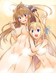 Rule 34 | 10s, 2girls, :d, absurdres, amagi brilliant park, antenna hair, bad id, bad pixiv id, blonde hair, blue eyes, blush, grabbing another&#039;s breast, breasts, brown eyes, brown hair, censored, convenient censoring, grabbing, hair ribbon, highres, large breasts, long hair, multiple girls, nakama daichi, navel, nude, open mouth, ribbon, sento isuzu, sketch, smile, steam, steam censor, sylphy (amaburi), wet